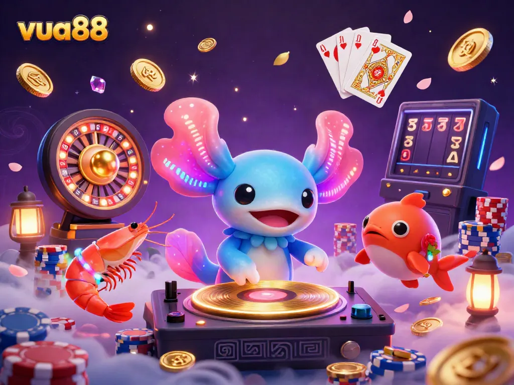 Experience the vibrant underwater fun at vua88 with a neon axolotl DJ, sparkling gems, and lively party action.