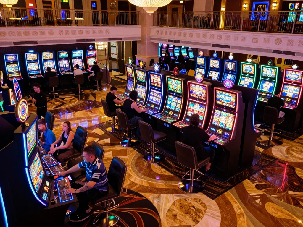VA88 players enjoying colorful slot machines on a lively casino floor with ambient lighting.