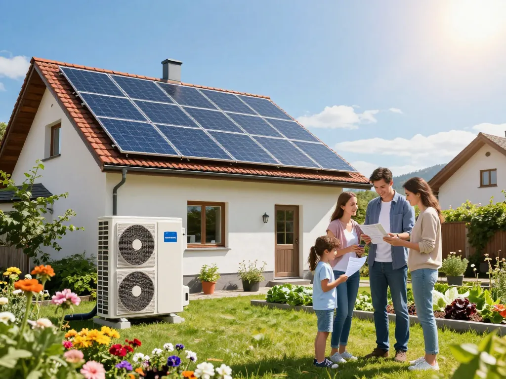 Photovoltaik Bayern mit Solarpanels und Wärmepumpe in einem sonnigen bayerischen Garten.