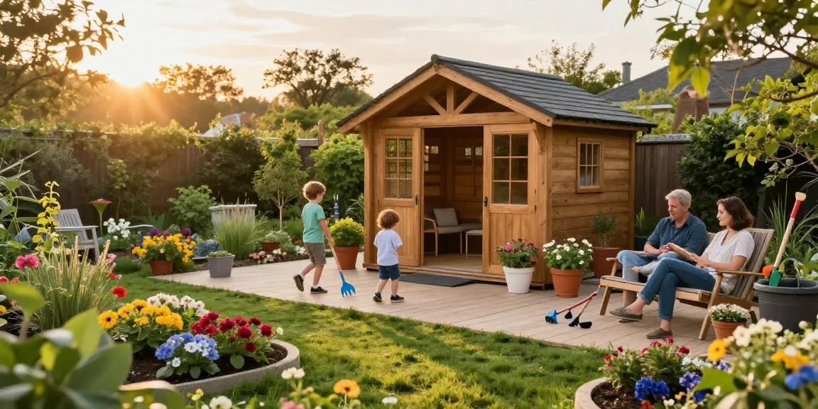 Wunderschönes Gartenhaus im Grünen umgeben von bunten Blumenbeeten und spielenden Kindern im Freien.