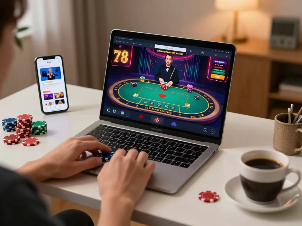 Engaging online gambling session with the 78win app on a smartphone and live dealer game interface.