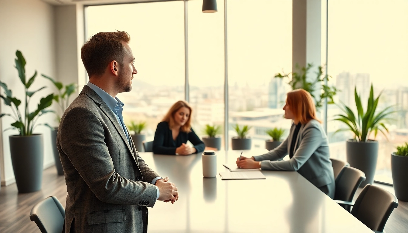 Immobilienmakler Frankfurt Ginnheim berät Kunden in einem modernen Büro mit hellem Licht.