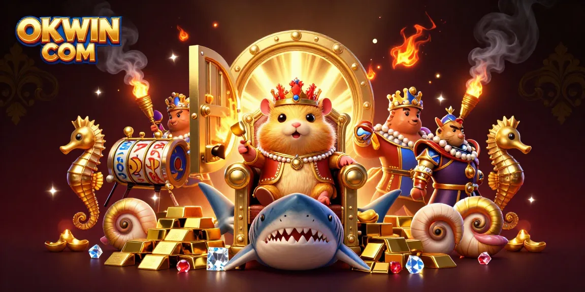 Engage in thrilling gaming on OKWIN COM with a vibrant casino scene featuring a hamster king and treasures.