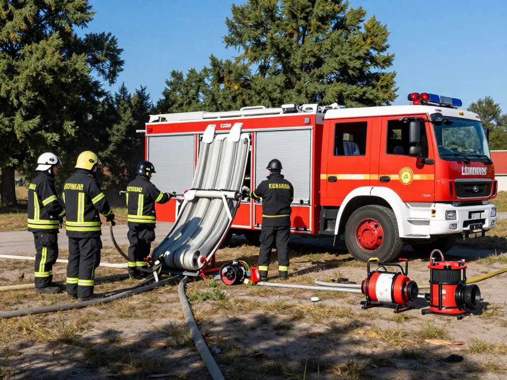 Löschwasserbehälter kaufen: Feuerwehrleute trainieren mit einem faltbaren Wassertank in einem Notfallszenario im Freien.