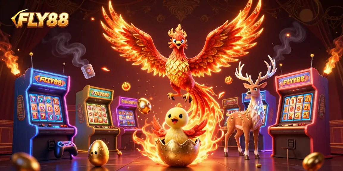 Experience the thrill of FLY88 with a vibrant casino scene featuring phoenixes and gaming elements.