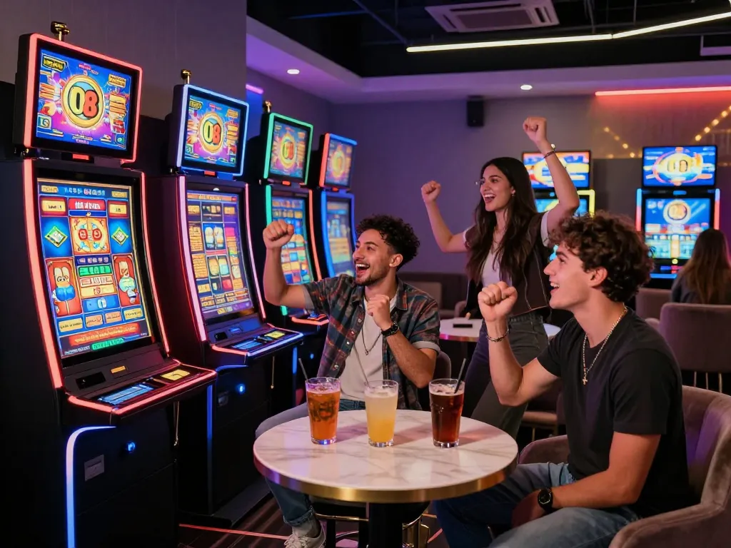 Dynamic gaming lounge scene at O8, showcasing friends enjoying live casino games and vibrant slot machines.