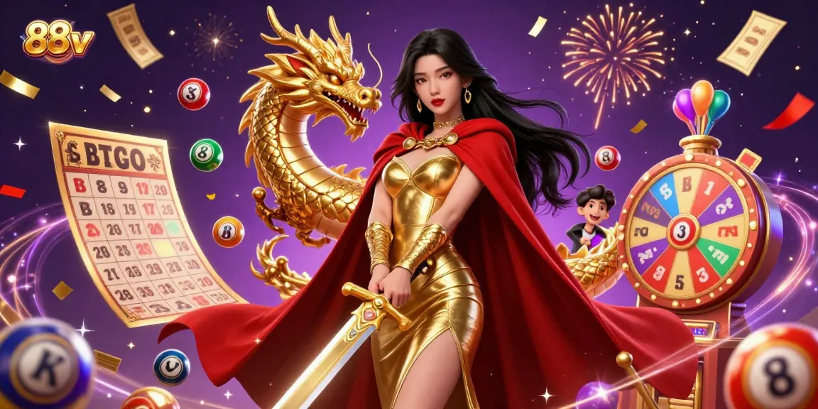 Experience the thrill of 88vv online gaming with a vibrant illustration of a queen and celebratory elements.