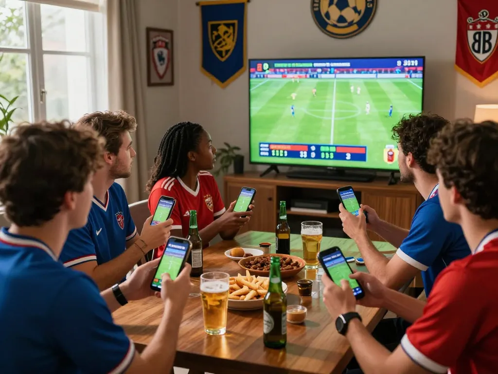 Friends engaging in sports betting while watching NET88 football match, surrounded by snacks and excitement.