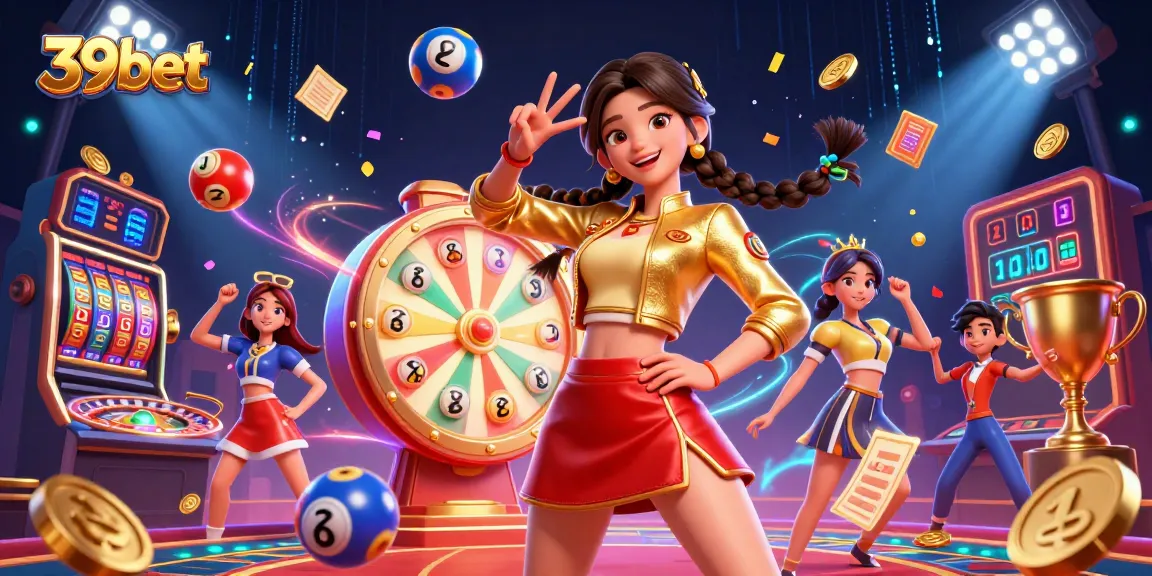 Engage with 39bet's vibrant casino experience featuring a joyful woman, lottery balls, and dynamic gaming elements.
