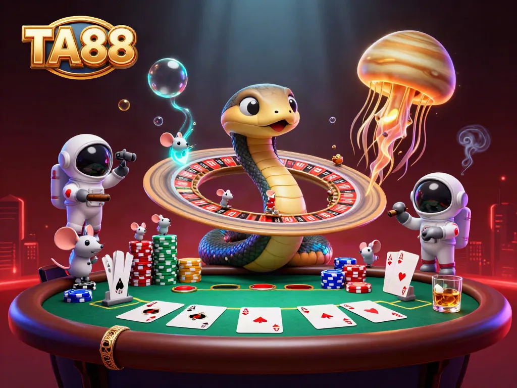 Experience the thrilling action of TA88 with astronaut mice betting on roulette-like Saturn rings in a vibrant casino