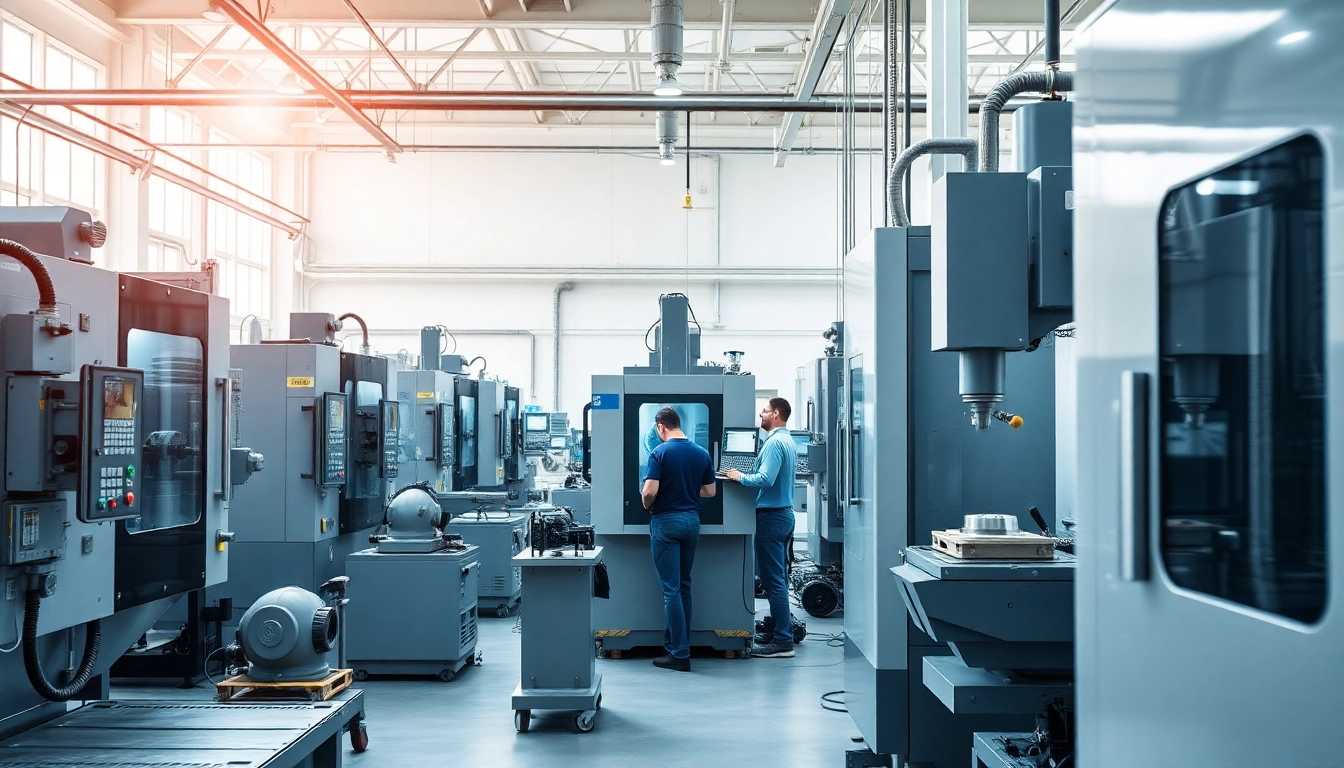 CNC Frästeile fertigen lassen in einer modernen Fertigungsumgebung mit präzisen Maschinen und Fachleuten.