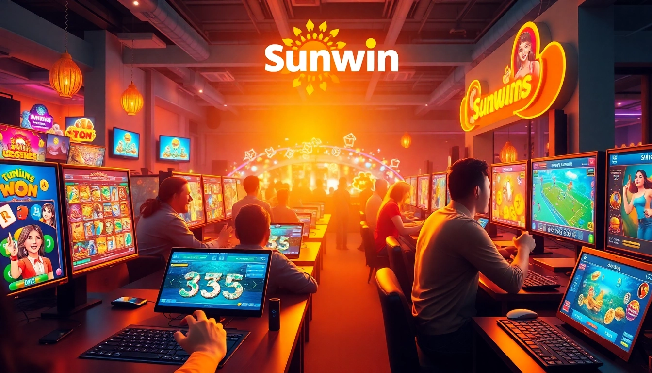 Sunwin gaming platform with vibrant users engaged in diverse games, highlighting excitement.