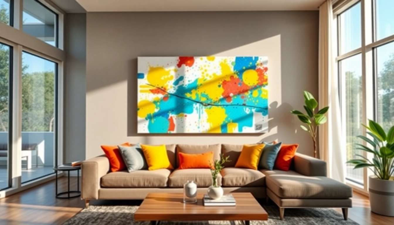 Spektakuläre moderne Wandkunst in einem lebhaften Wohnzimmer, die die Inneneinrichtung aufwertet.