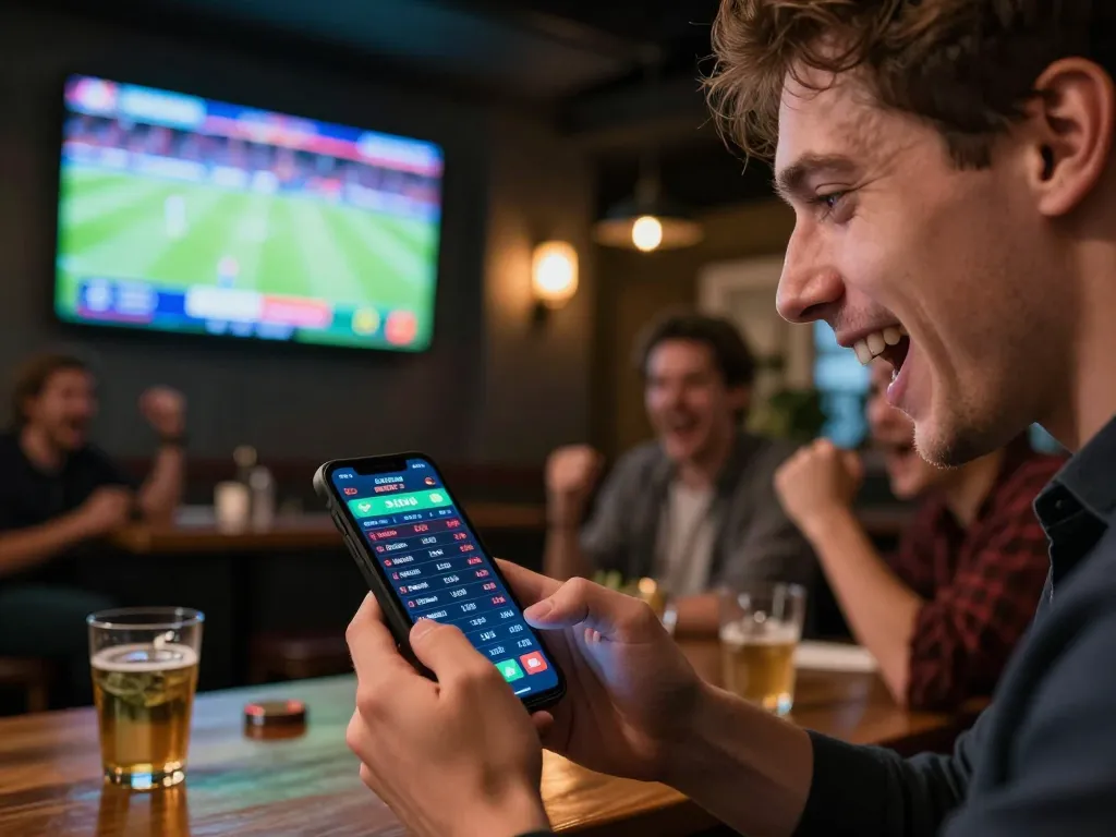 Betting excitement with cm88 mobile app, showing live odds and intense focus.
