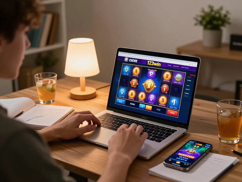 Engaging with 123win com casino on a laptop while enjoying online gaming from home, showcasing vibrant gameplay.