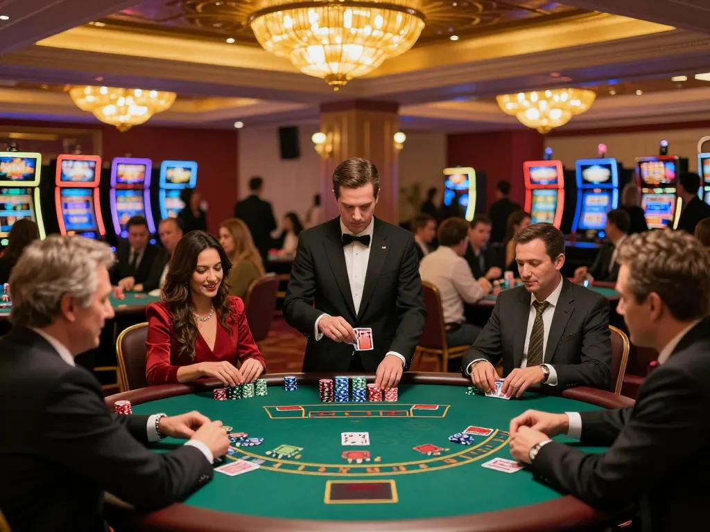 Players strategizing at fly88 blackjack tables in a vibrant upscale casino atmosphere
