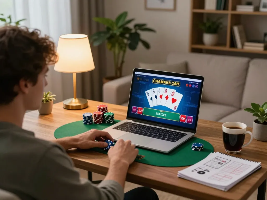 Engaged in tr88 online poker game, player tracks strategy with notes and a laptop in a cozy living room.