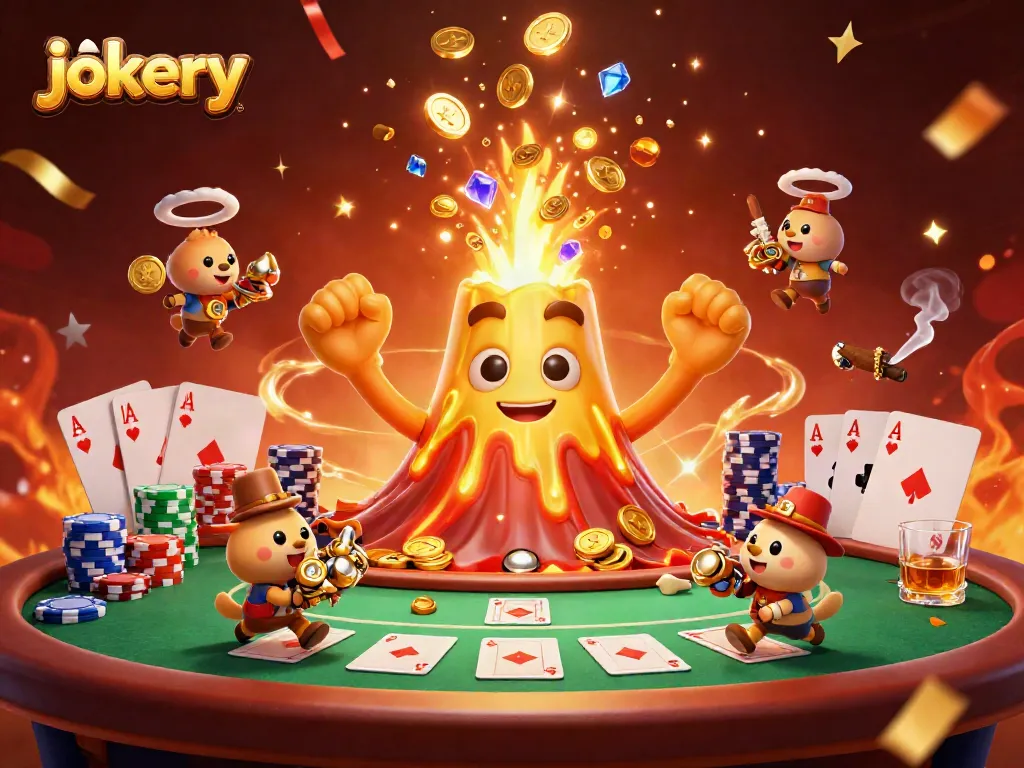 Experience thrilling gameplay at jokery with a vibrant volcano erupting treasure and poker stakes.