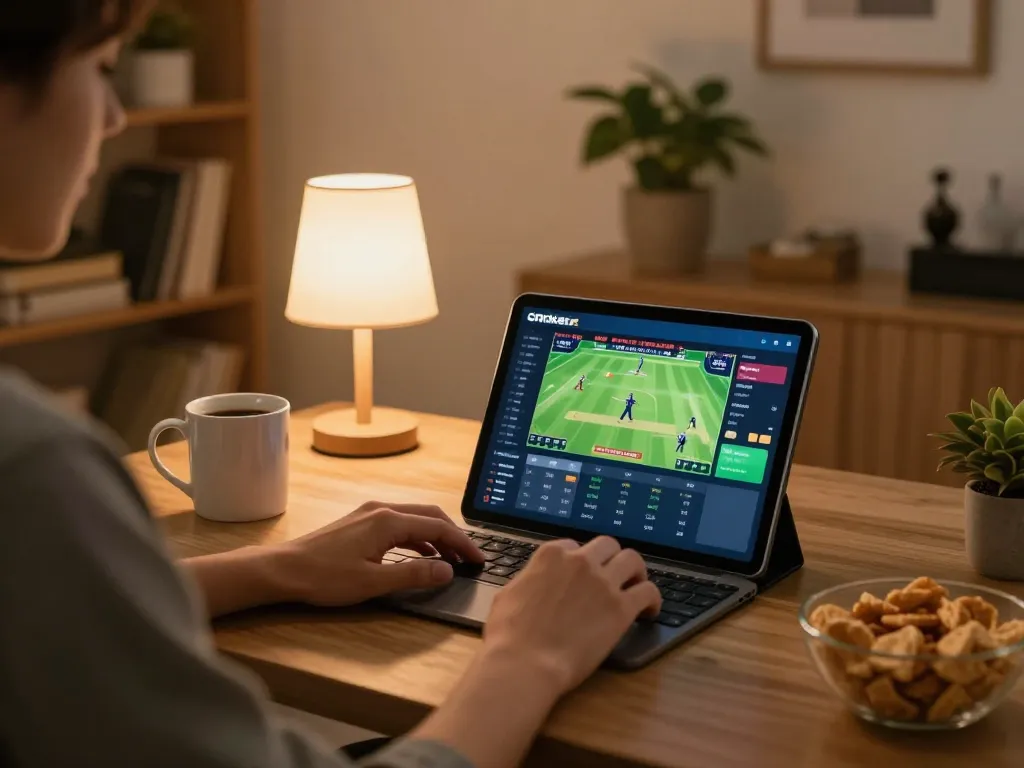 Person engaging in cricket betting on Crickex app from home, showcasing the modern online gambling experience