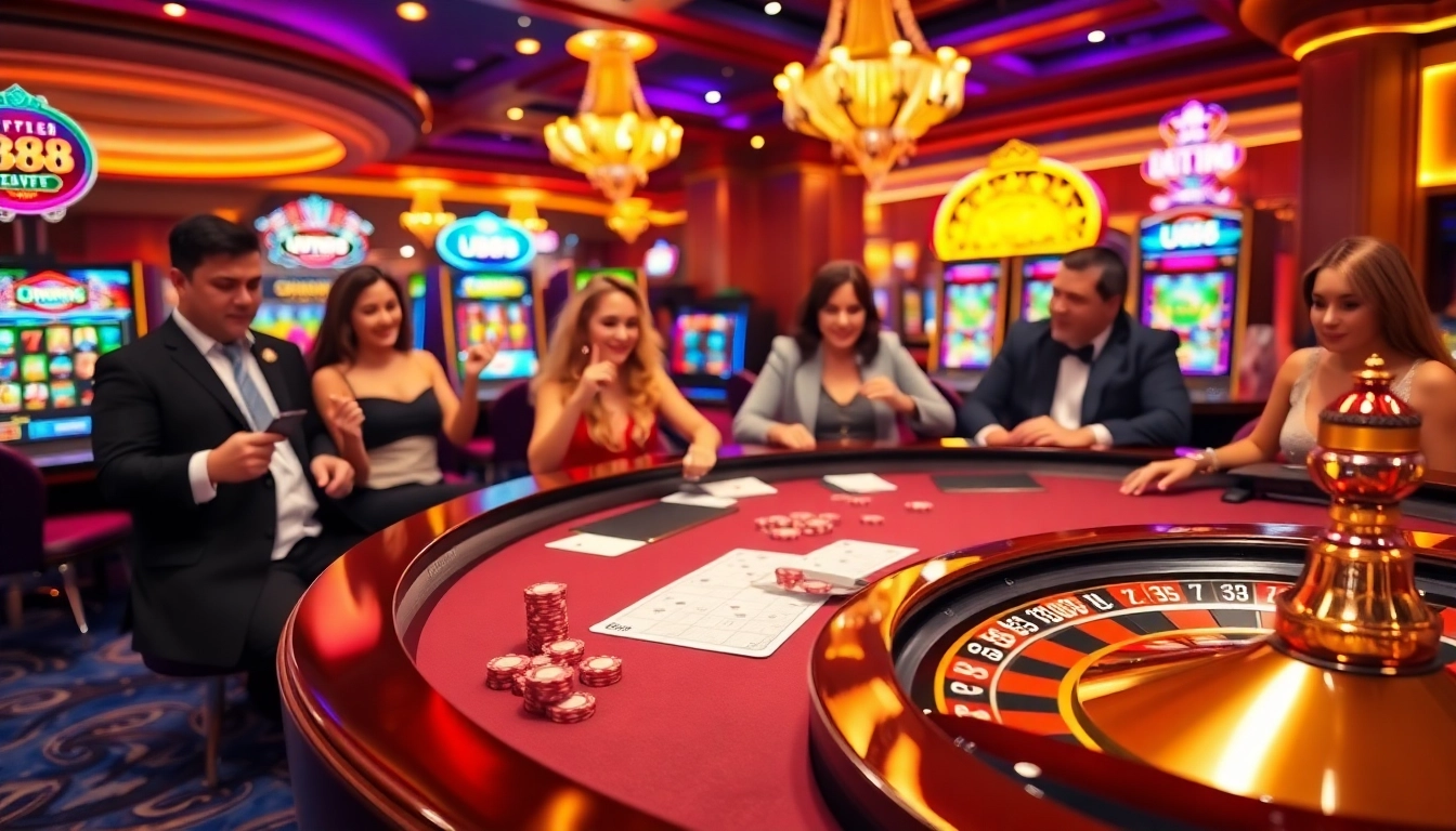 U888 branded casino gaming table bustling with excited players and colorful slot machines.