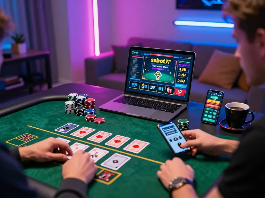 Player enjoying live casino action on ssbet77 with poker chips and cards visible.