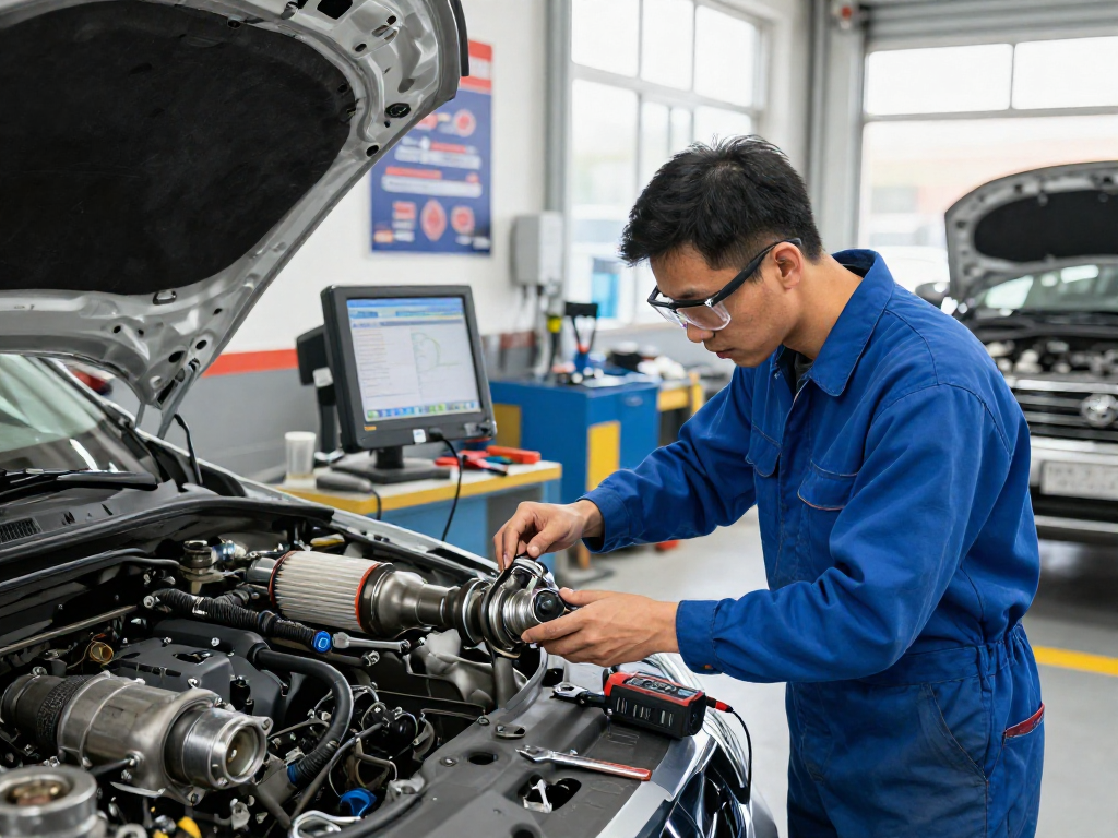 Die DPF Reinigung in Laatzen: Ein Mechaniker inspiziert einen Dieselpartikelfilter in einer gut beleuchteten Werkstatt.