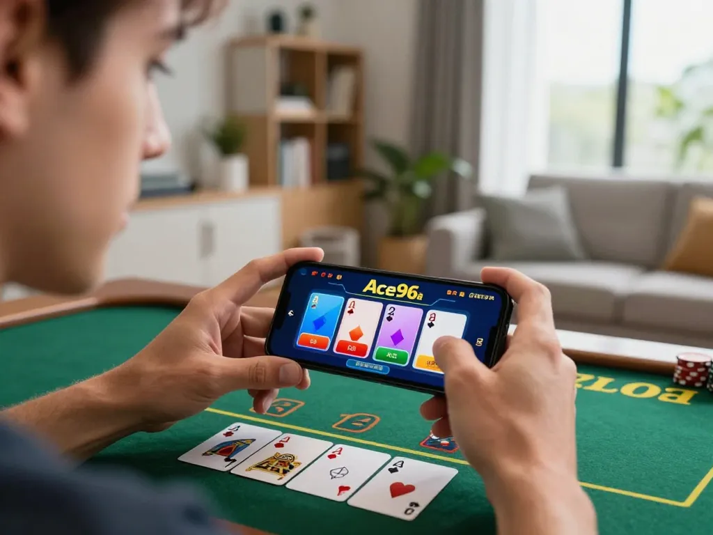 A player enjoying blackjack on their smartphone, illustrating the excitement of Ace96au online gaming.