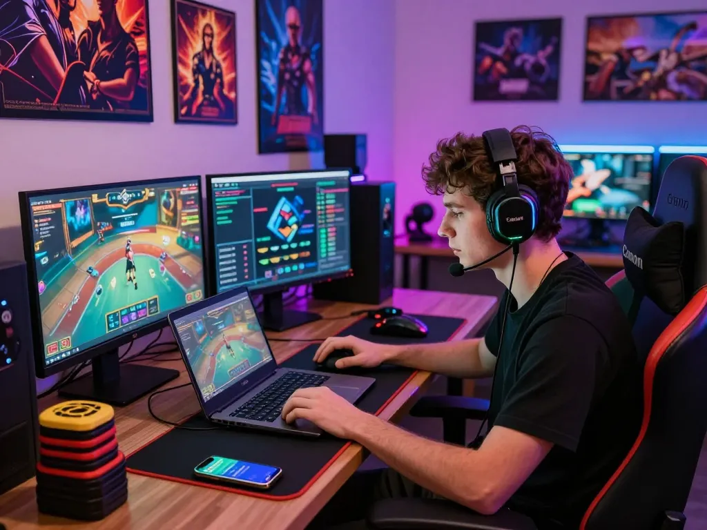Engaging gaming atmosphere for tải Go 88 with player immersed in online poker on a sleek laptop and vibrant LED lighting.