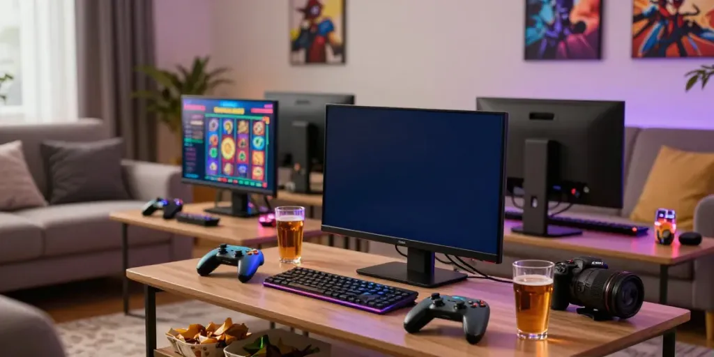 Exciting rokok88 slot gaming scene in cozy living room with vibrant atmosphere.