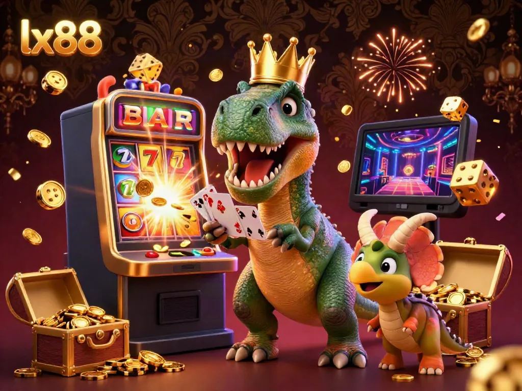 LX88 players experiencing the excitement of casino games with a dinosaur theme, featuring vibrant elements in a dynamic scene.