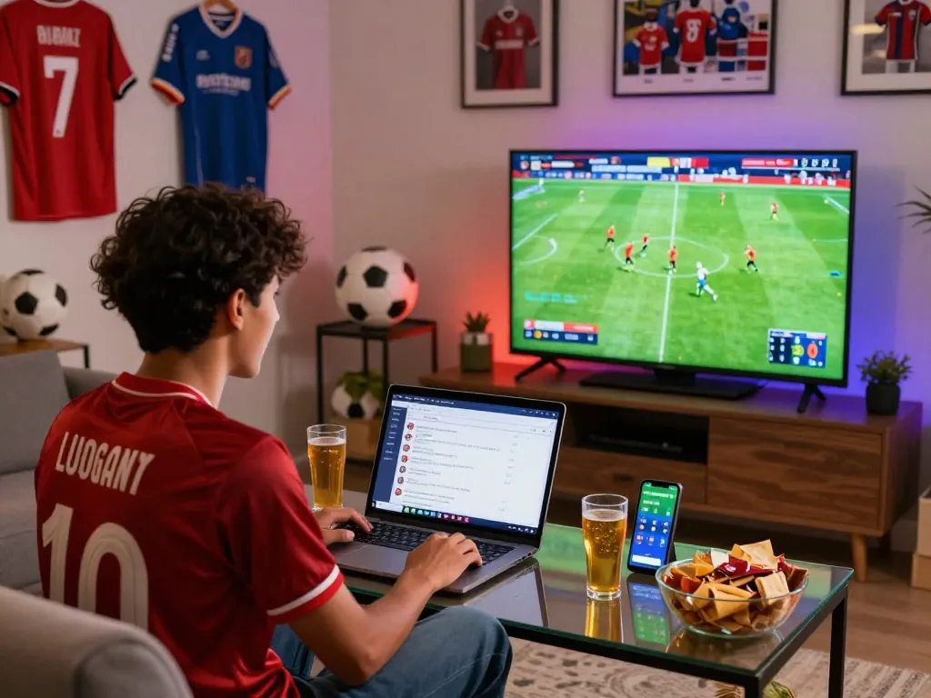 Excited viewer enjoying LuongSonTV live football match on a large screen in a cozy home setup with snacks and team memorabilia.