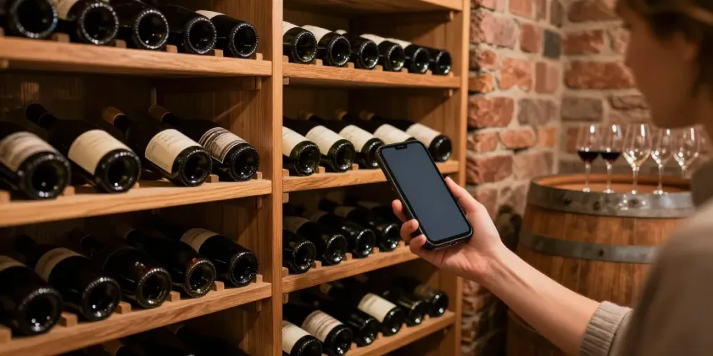 Weinmessen Termine in einem gemütlichen Weinkeller mit Flaschen organisiert und einer Person, die Wein prüft.