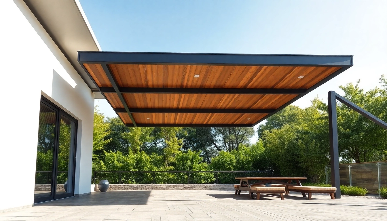 Erleben Sie moderne Terrassenueberdachung Ungarn im Freien in einer sonnigen Umgebung.