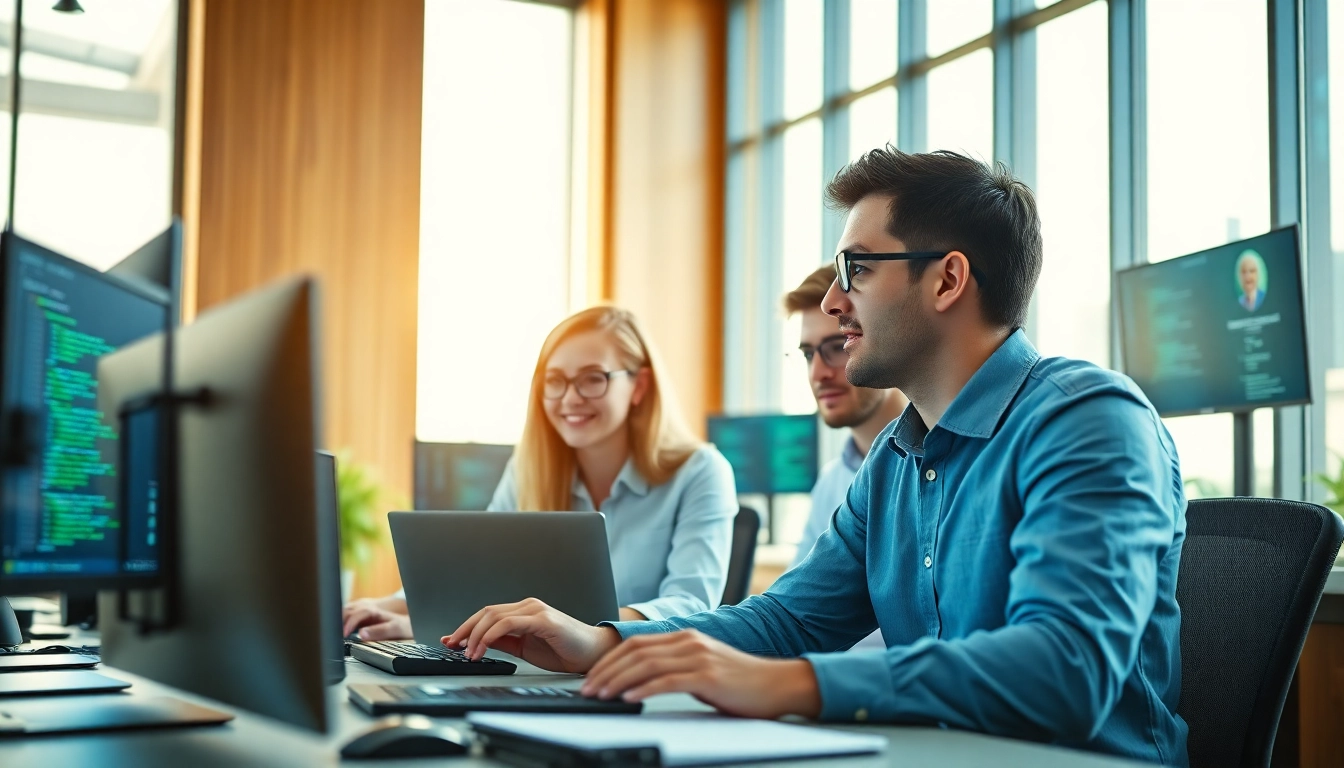 Software Entwicklung im Team – moderne Büro-Szene mit Programmierern und großen Bildschirmen.