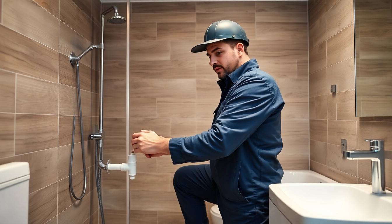 Installateur Notdienst: Fachmann repariert einen Rohrbruch in modernem Badezimmer.
