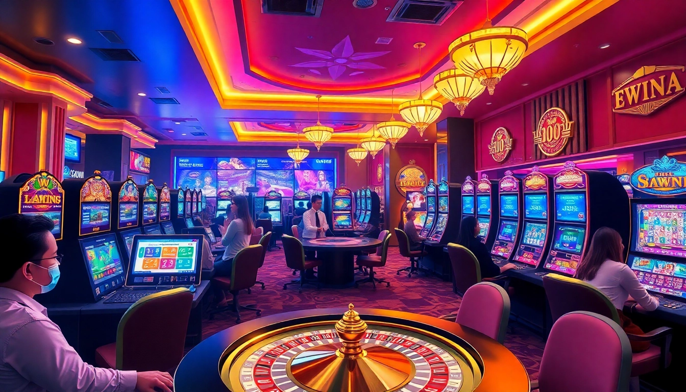 Exciting gaming atmosphere at 98win, featuring engaged players and vibrant casino elements.