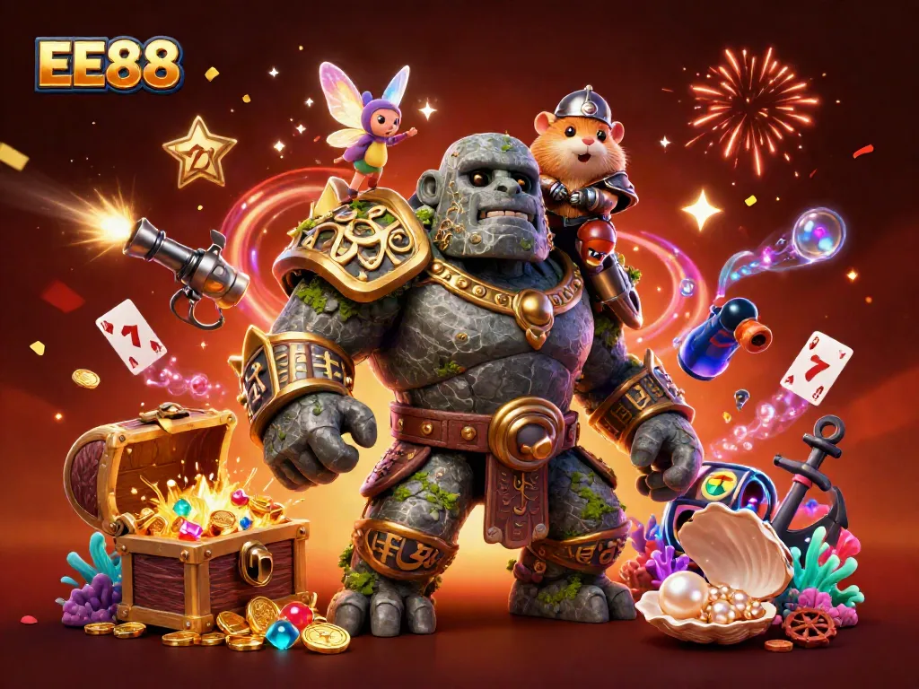 EE88 features a vibrant scene of a magical golem with a hamster knight and fairy, amidst casino elements and treasure.