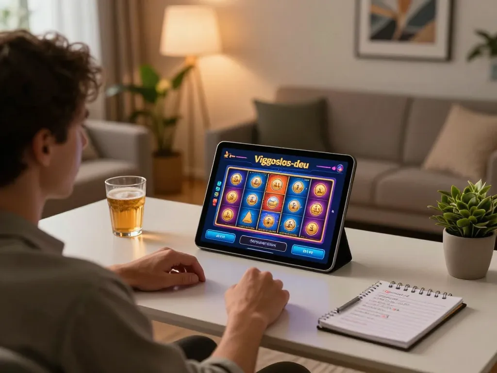 Person spielt Viggoslots-deu Online-Casino auf einem Tablet und zeigt strategisches Spielen in einer gemütlichen Atmosphäre.
