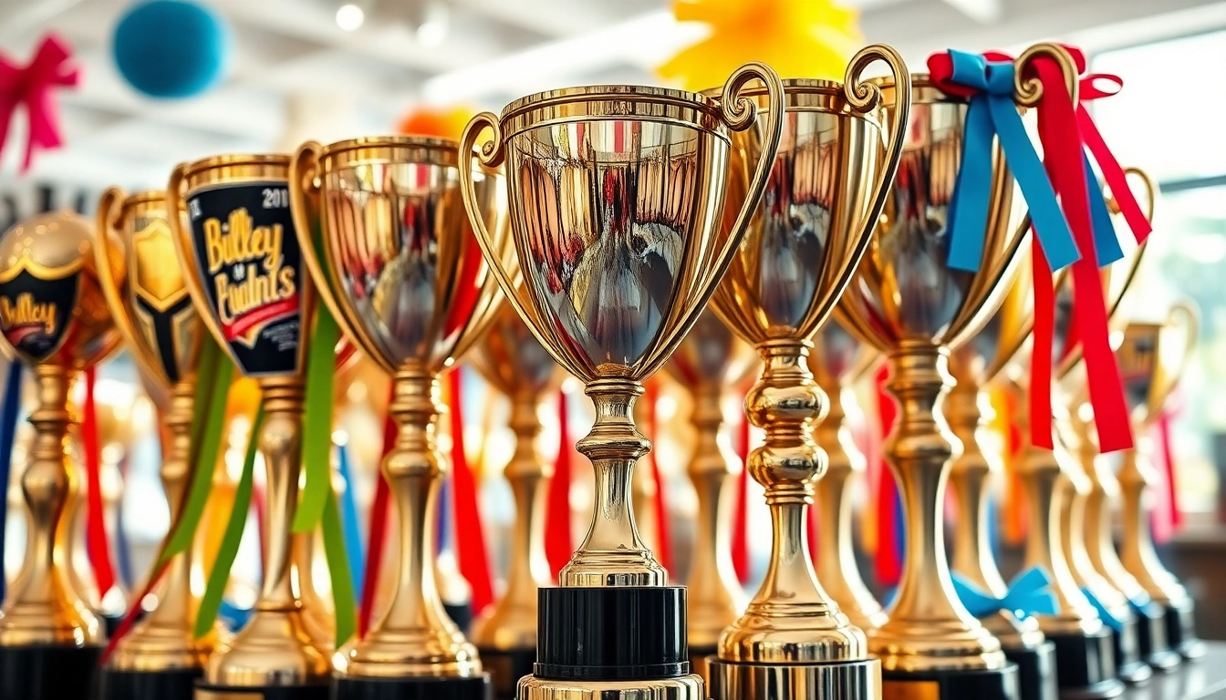 Pokale günstig kaufen: Vielfalt an eleganten Trophäen in einem hellen Ausstellungsraum.