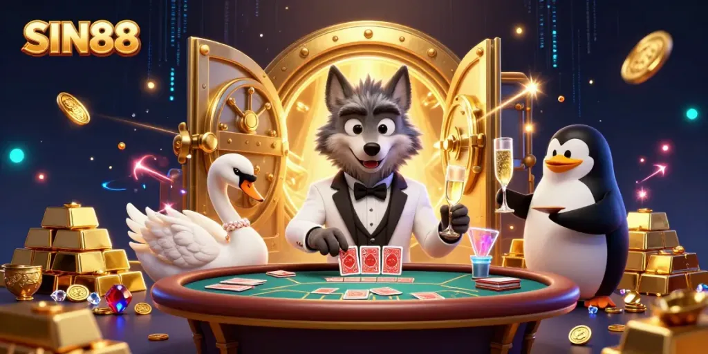Experience thrilling gameplay at SIN88 with a lively 3D casino scene featuring a debonair wolf, elegant swan, and penguin sommelier.