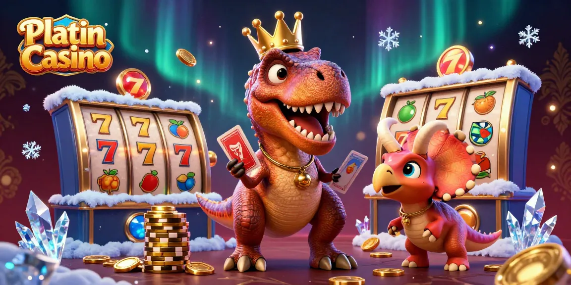Experience slots and jackpots at Platin Casino with a friendly dinosaur-themed casino scene.