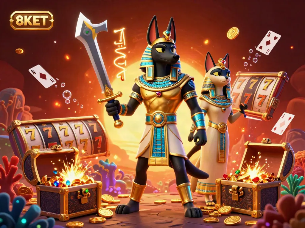 Engaging scene depicting 8KET with an Egyptian warrior and a cat surrounded by dynamic casino elements and gold coins.