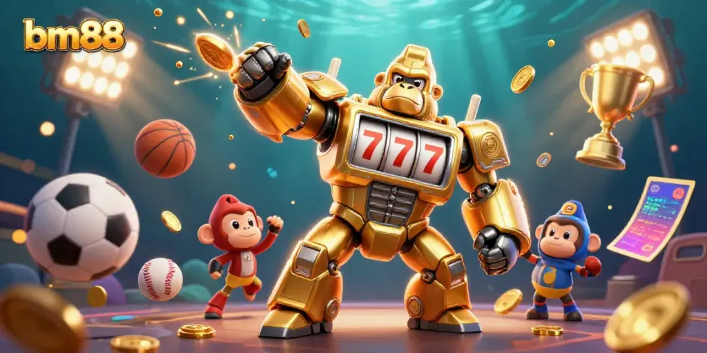 Experience thrilling action at bm88, featuring a golden gorilla mech and dynamic sports elements.