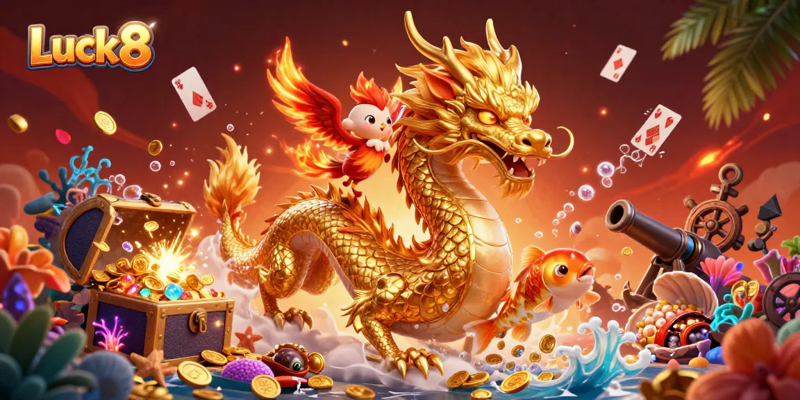 Engage in thrilling gameplay at Luck8 with a vivid illustration of a dragon, phoenix, and winding cash flow.