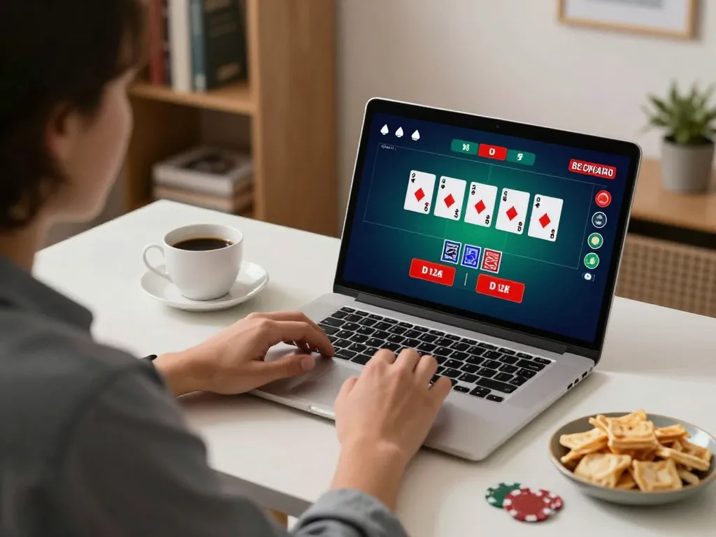 Play exciting blackjack tại ok365 on a stylish home desk with a laptop and snacks nearby