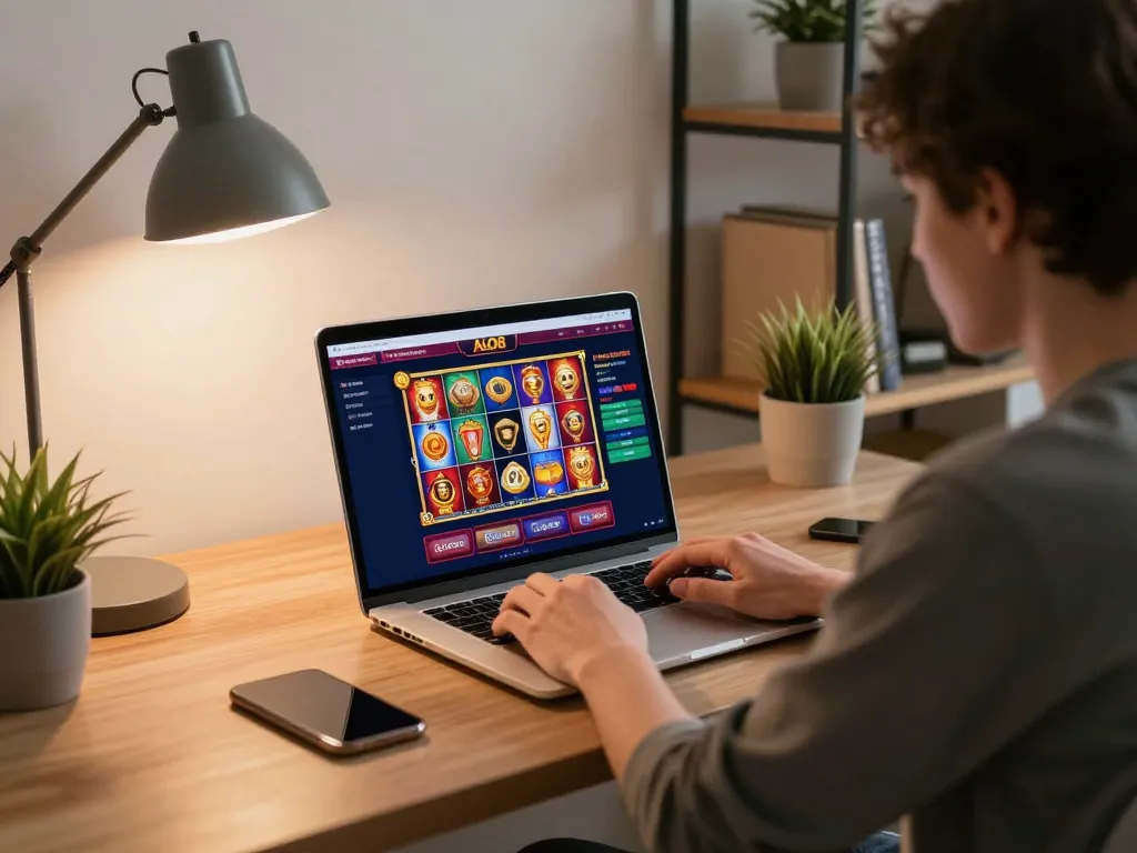 Player engaging with ALO8 online casino on laptop, showcasing vibrant gaming interface.