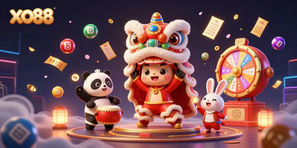 Join the xo88 festival of winnings with joyous characters and lottery elements in a vibrant casino scene.