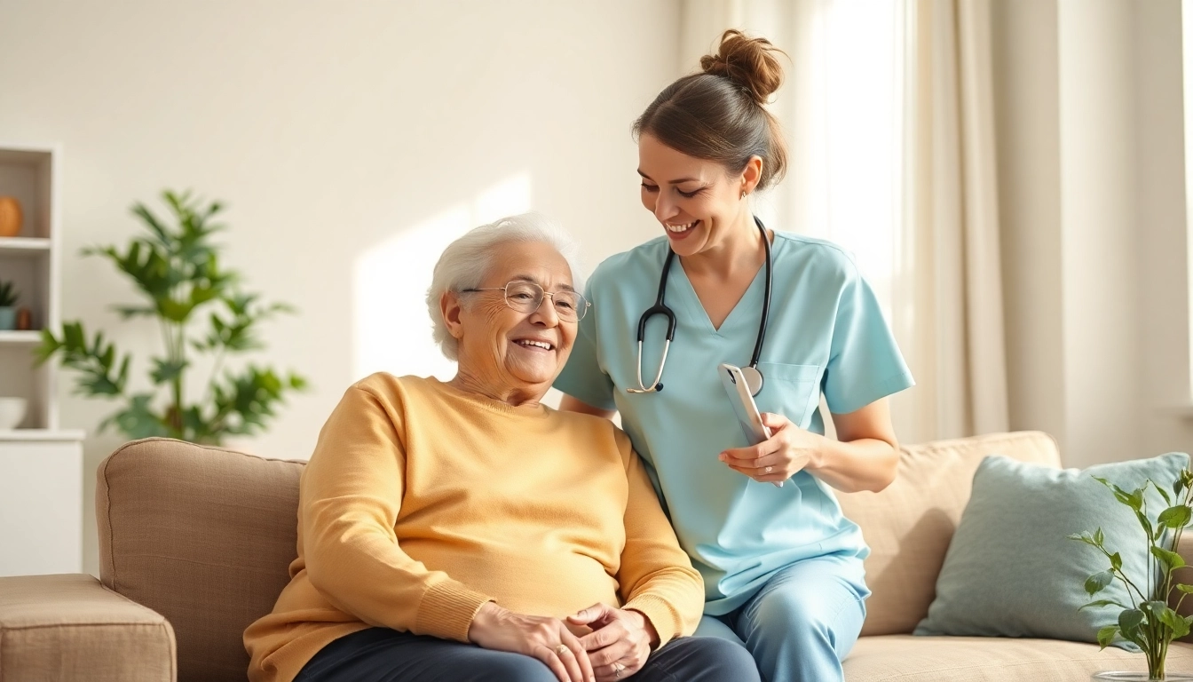 Pflegedienst: Eine Pflegekraft unterstützt einen Senior in einem gemütlichen Wohnraum.