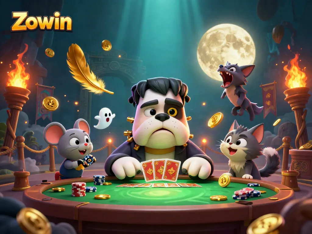 Experience thrilling games with Zowin at an enchanting casino scene showcasing vibrant characters.