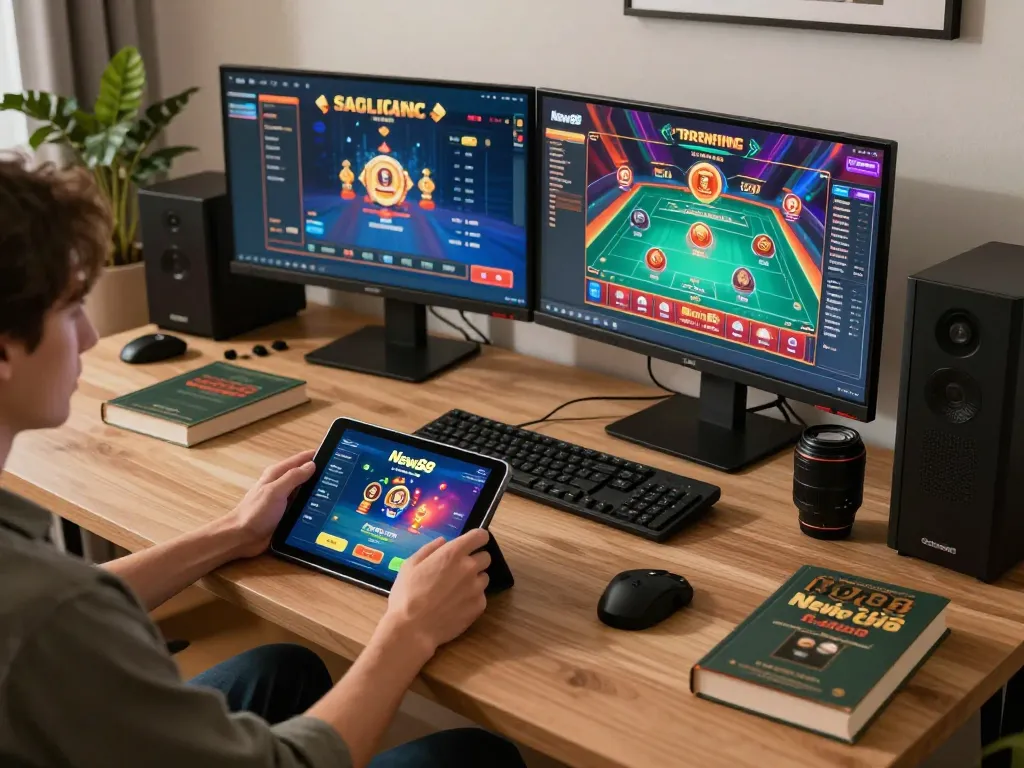 Engaged player explores New88 nhà cái app on tablet in a stylish home gaming setup.